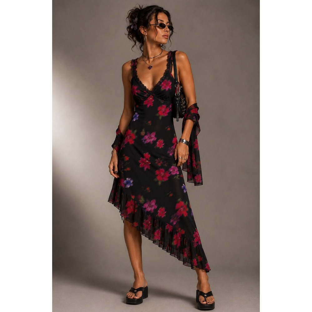 Almost Famous Whimsy Goth Floral Dress Y2K Fairycore Black Mesh Large
